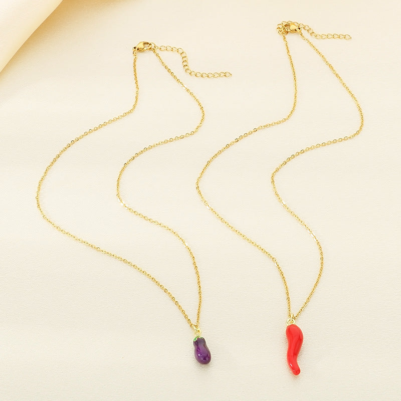 Mini Enamel Chili & Veggie Charm Gold Necklace