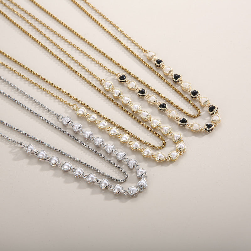 Korean commuter simple love imitation pearl necklace, love fashion double-layer collarbone chain copper chain necklace