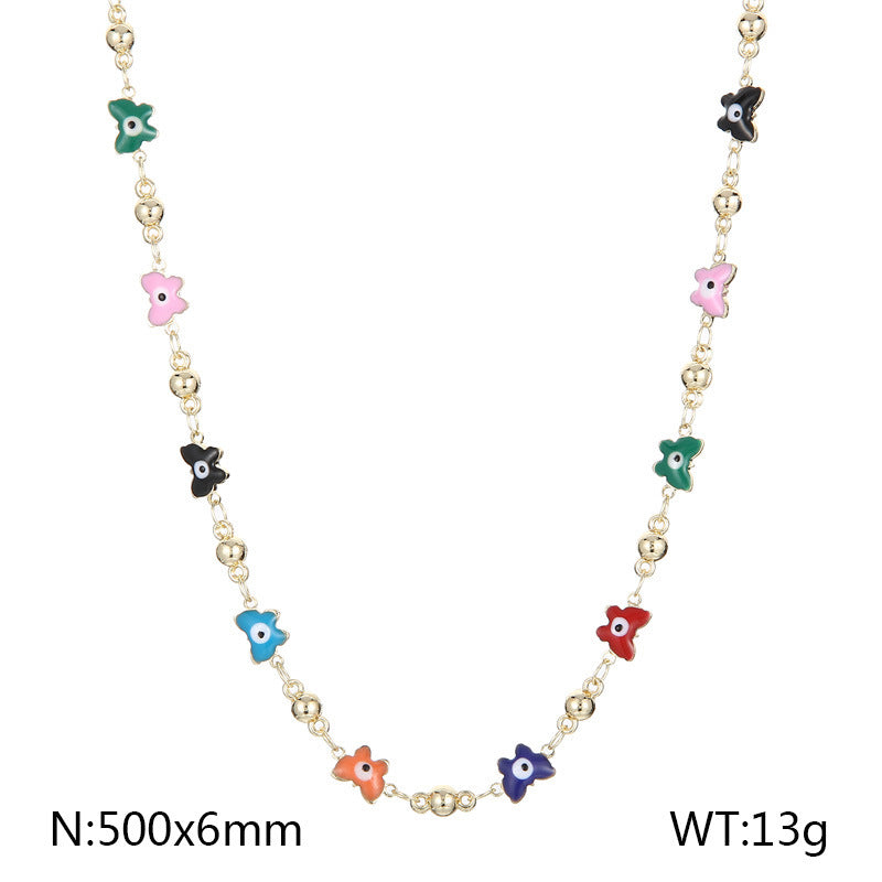 Creative Fashion ins Stainless Steel Butterfly Devil's Eye Necklace, Color Oil Drip Bead Copper Necklace Jewelry