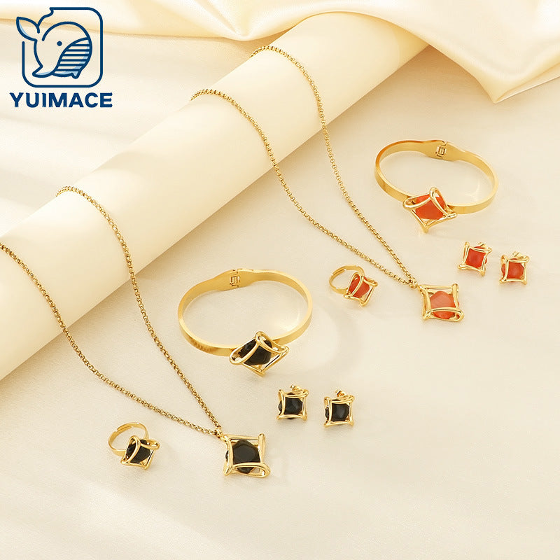 Europe and the United States cross-border new geometric rhombus inlaid stone stainless steel set, high-end light luxury jewelry four-piece set