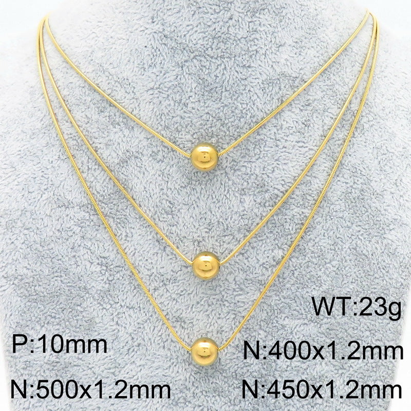 Cold wind high-grade titanium steel three-layer stacking wearing wind comes and goes round beads pearl titanium steel snake bone chain necklace necklace item decoration