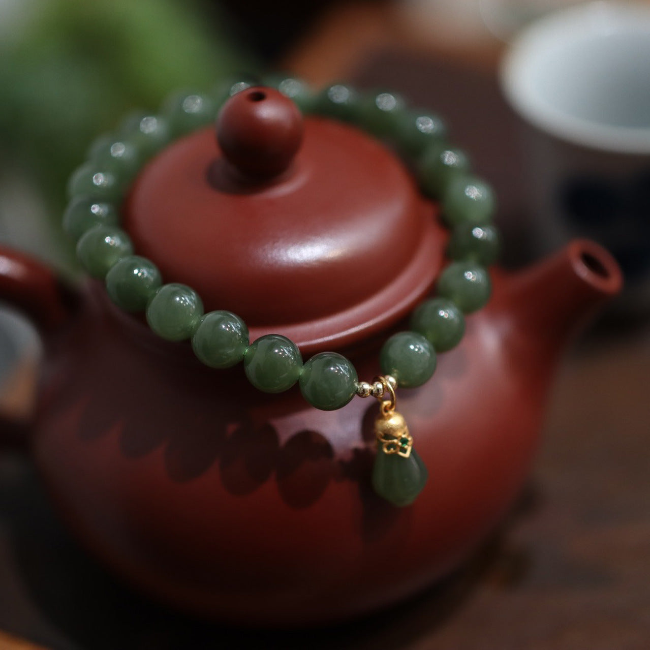 天然8MM和田玉圆珠单圈手链S925银镀金隔片两世欢手串