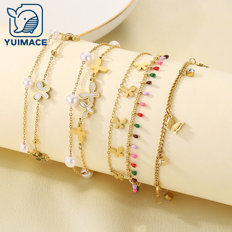 Stylish and simple stainless steel inlaid zircon pearl butterfly double-layer stacked foot jewelry, high-grade bare anklet, versatile lucky