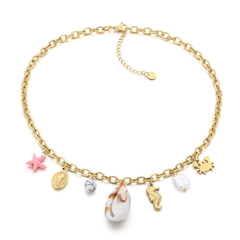 Cross-border fashion seaside beach wind stainless steel seahorse crab conch pendant chain collarbone chain necklace accessories
