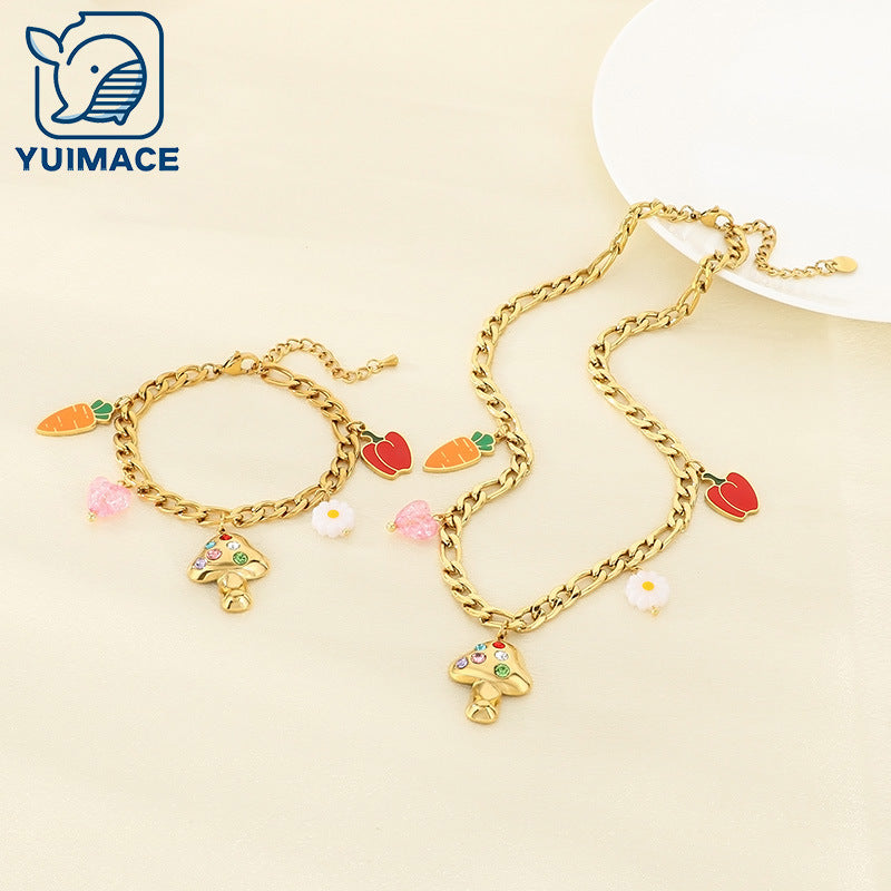 Cross-border stainless steel necklace INS wind handmade DIY niche 18k gold neck chain personalized mushroom carrot bracelet women
