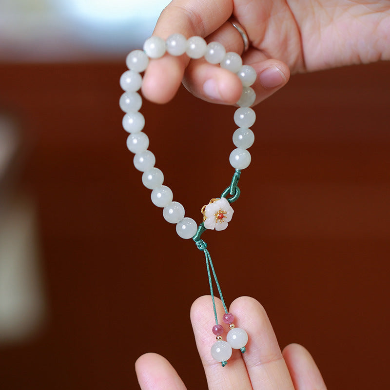 天然8MM和田玉圆珠单圈手链S925银镀金隔片两世欢手串