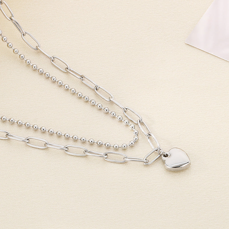Cold wind personality double-layer stainless steel love necklace temperament versatile peach heart pearl stainless steel collarbone chain