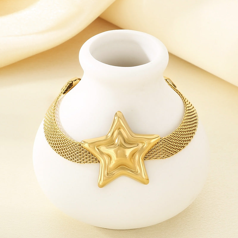 Fashion Creative Personality Stainless Steel Gold Braided Mesh Strap Chain Pentagram Pendant Bracelet Jewelry