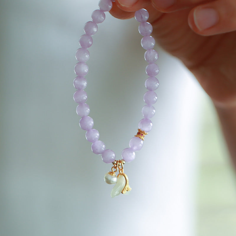 天然6MM紫锂辉手链S925银淡水珍和田玉珠美人鱼尾手串