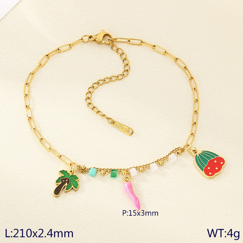 INS fresh and fashionable stainless steel double chain cartoon fruit pendant anklet titanium steel holiday jewelry foot decoration