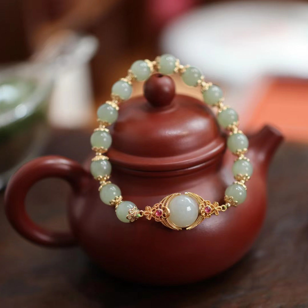 天然8MM和田玉圆珠单圈手链S925银镀金隔片两世欢手串