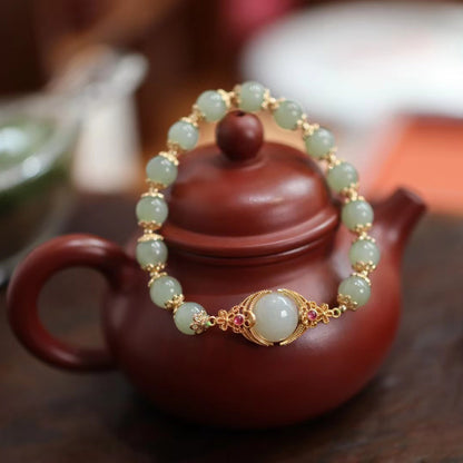 天然8MM和田玉圆珠单圈手链S925银镀金隔片两世欢手串