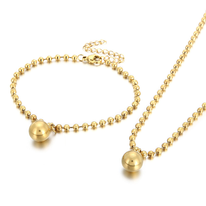 European and American fashion personalized stainless steel 18K gold-plated hollow ball gold bead necklace bracelet set, free jewelry