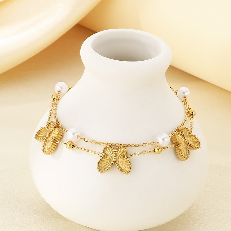 Cross-border fashion double-layer wearing stainless steel butterfly chain pearl bracelet jewelry for girlfriends' birthday gifts