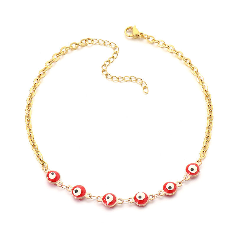 European and American fashion bohemian color resin devil's eye stainless steel anklet women's 18K titanium steel oval bracelet