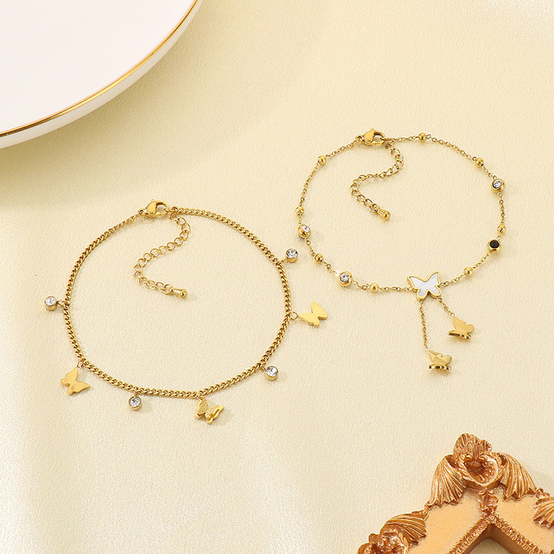 Stylish and simple stainless steel inlaid zircon pearl butterfly double-layer stacked foot jewelry, high-grade bare anklet, versatile lucky