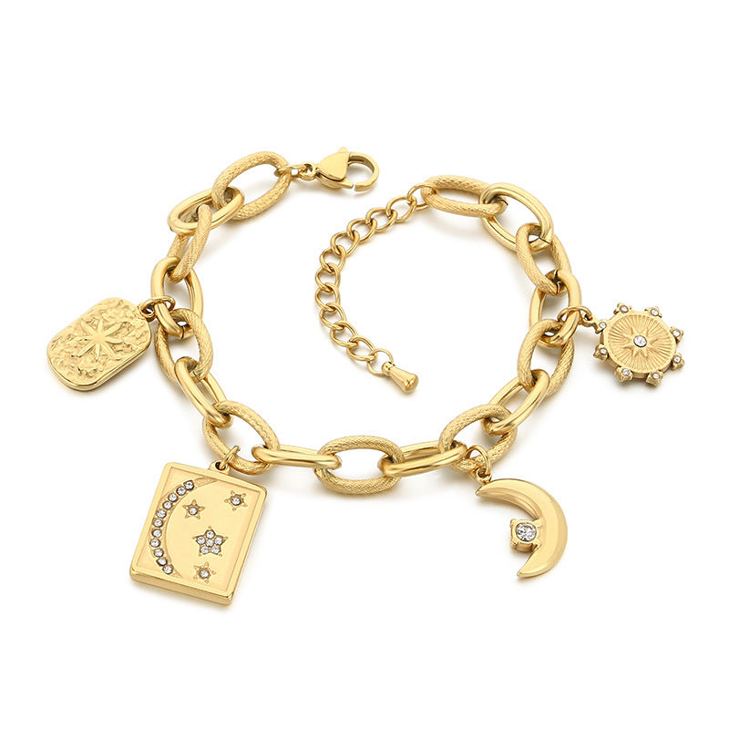 Korean version of Korean trend stainless steel star moon square brand diamond pendant bracelet simple chain hand jewelry