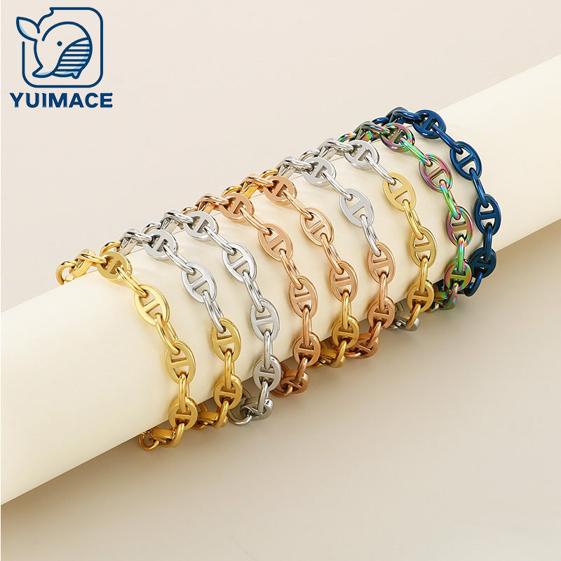 Simple ins stainless steel Japanese pig nose chain bracelet creative cool wind 9mm mixed color pig nose titanium steel bracelet