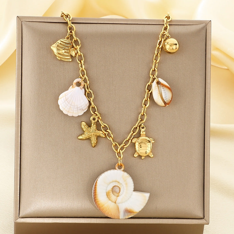 Gold Seashell & Dolphin Charm Necklace