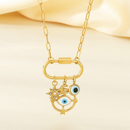 Creative Fashion Personality Stainless Steel Star Moon Element Devil's Eye Oil Drip Pendant Item Ornament Collarbone Chain Necklace Jewelry