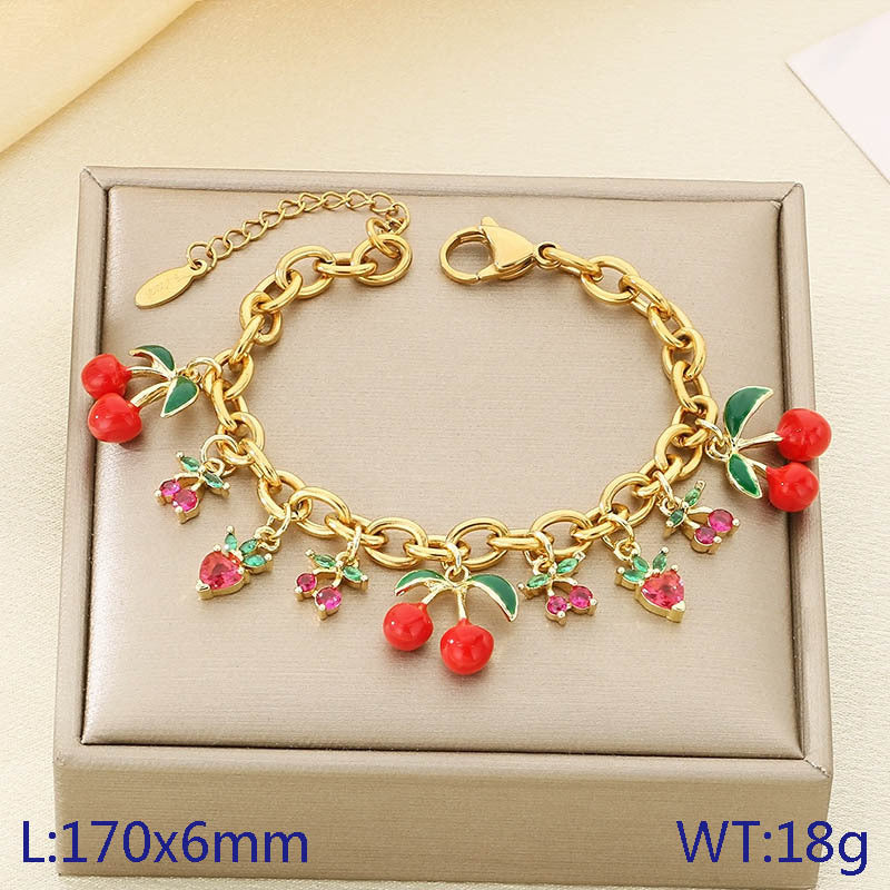 Cross-border fresh pastoral fruit series zircon strawberry durian cherry apple pendant stainless steel chain bracelet