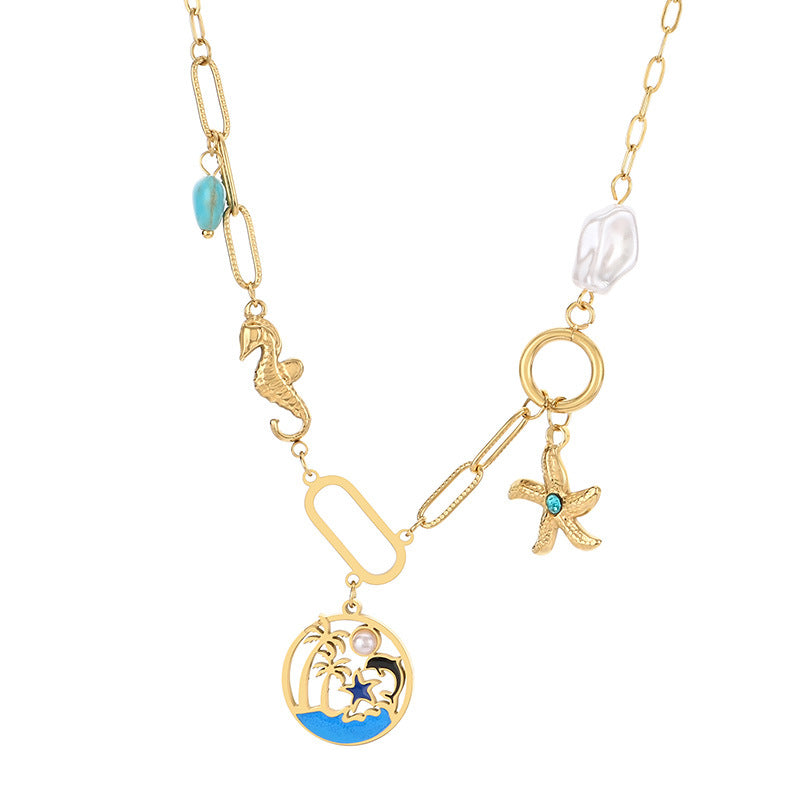 Cross-border stainless steel pearl necklace ocean series fringed starfish sea turtle pendant women's vacation style seaside necklace
