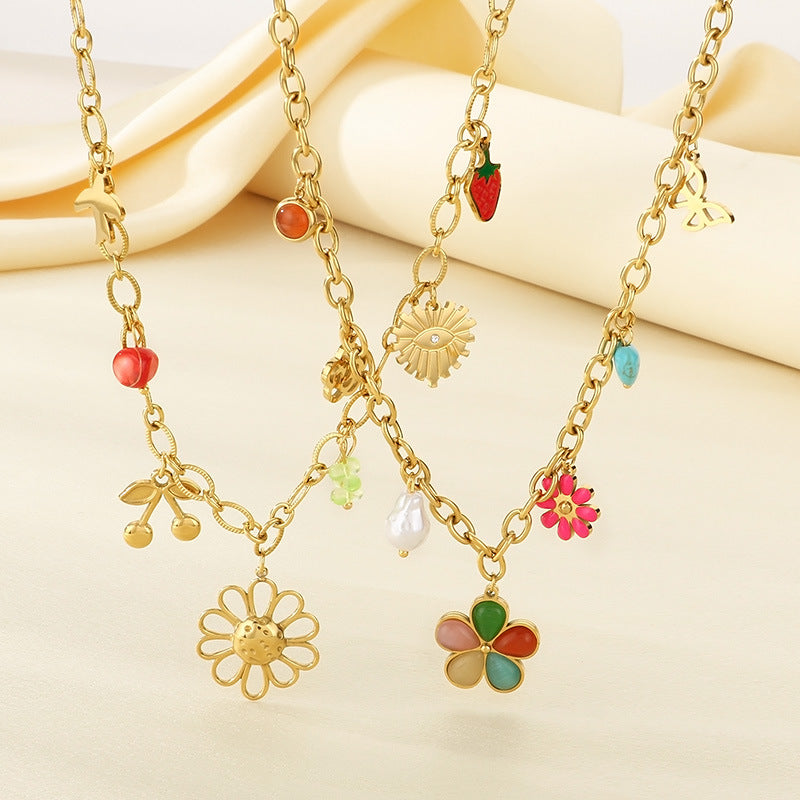 European and American cross-border jewelry sweet wind flower irregular necklace temperament small fresh fruit stainless steel collarbone chain women