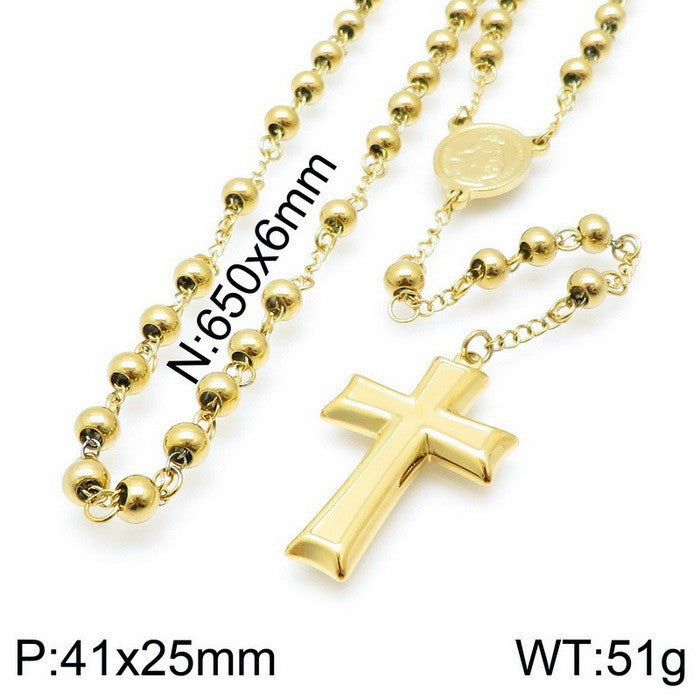 Cross-border European and American ins stainless steel niche design cross retro round bead necklace titanium steel collarbone chain necklace decoration women