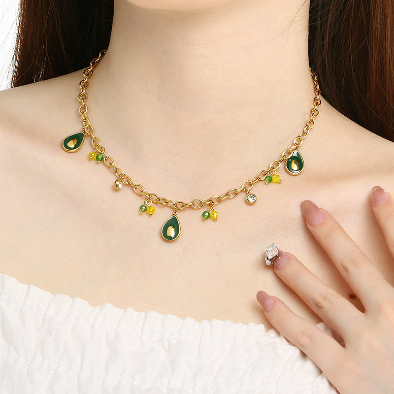 Gold Charm Chain Necklace with Green Enamel Drops