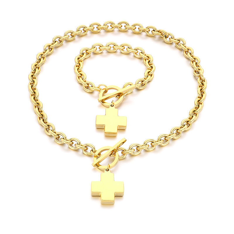 Toggle Chain Necklace with Disc & Cross Charms