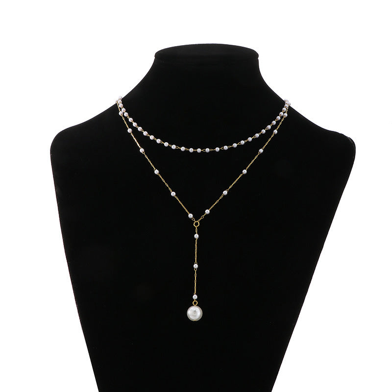 Layered Pearl Drop Chain Necklace