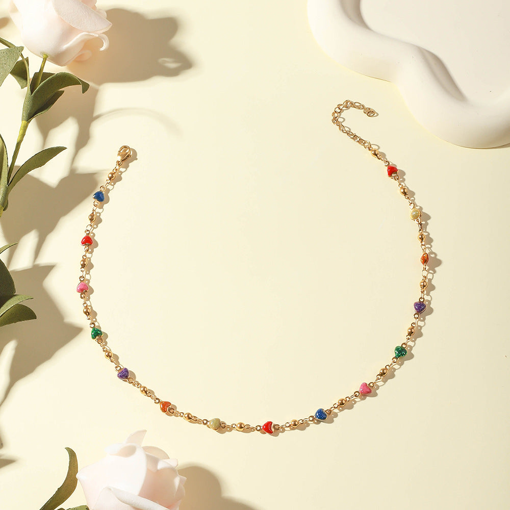 Cross-border dripping stainless steel necklace ladies simple temperament titanium steel collarbone chain painted flower bracelet necklace wholesale