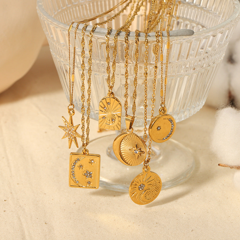 European and American light luxury titanium steel women's necklace 18K gold stainless steel diamond octagram moon pendant high-end sense item decoration