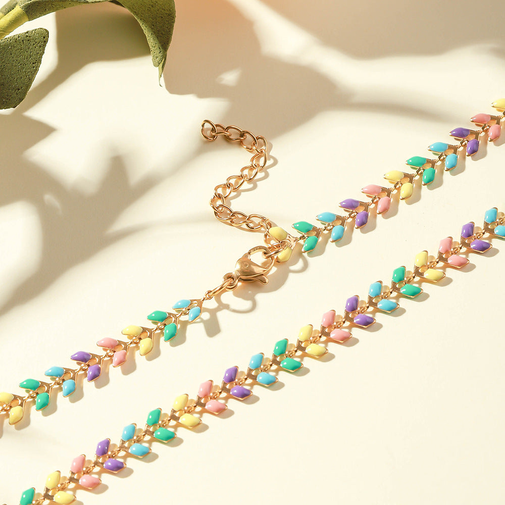 Cross-border dripping stainless steel necklace ladies simple temperament titanium steel collarbone chain painted flower bracelet necklace wholesale