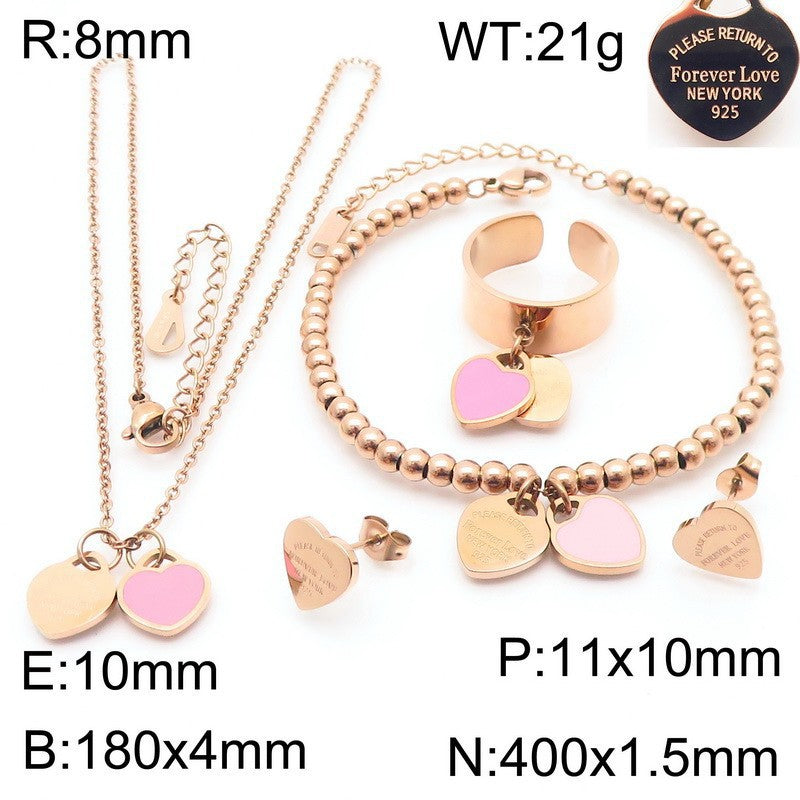 Gold Heart Charm Jewelry Set with Green Enamel Pendant