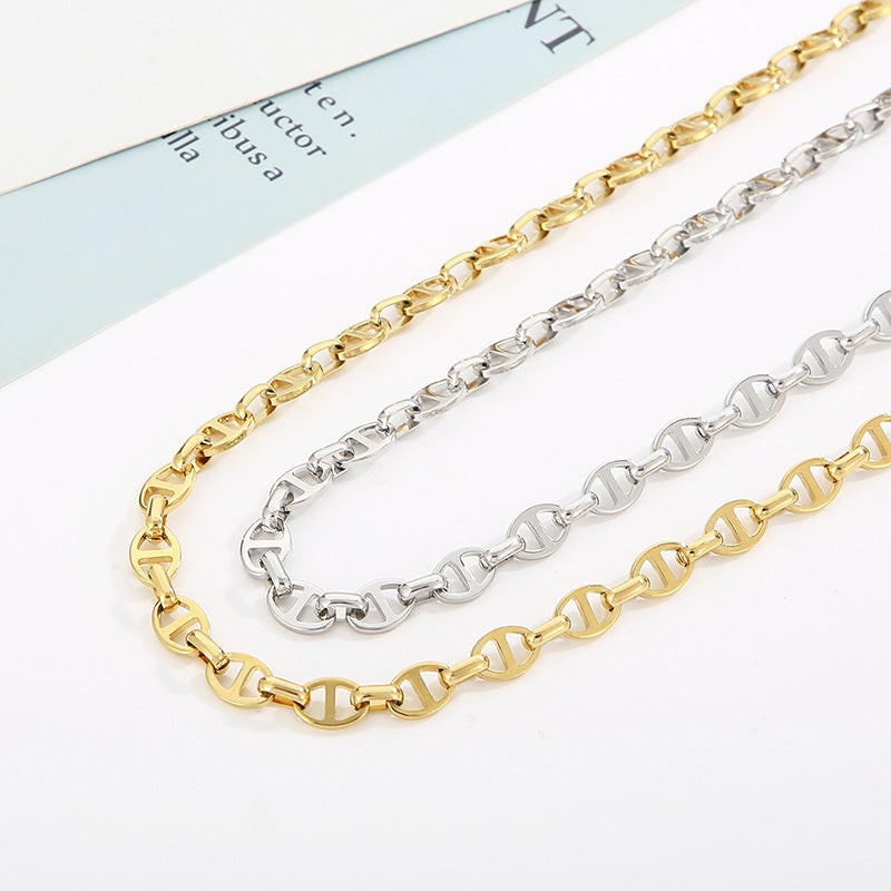 Creative stainless steel Japanese character 6/7/8 mm pig nose buckle necklace, niche simple individual cold wind versatile necklace