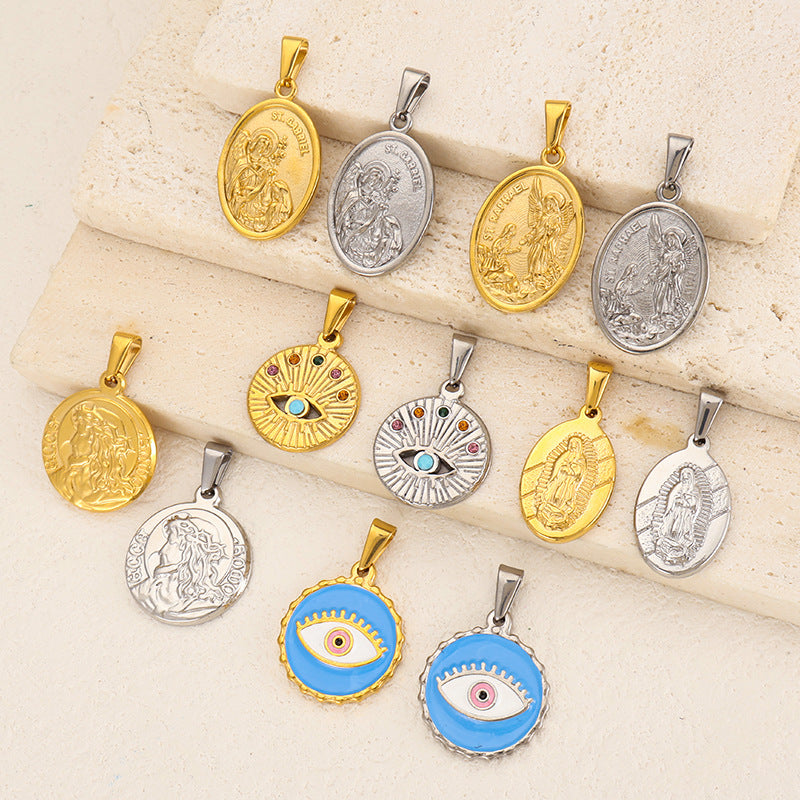 European and American cross-border blue diamond-encrusted eyes Virgin portrait pendant stainless steel retro tag DIY jewelry simple