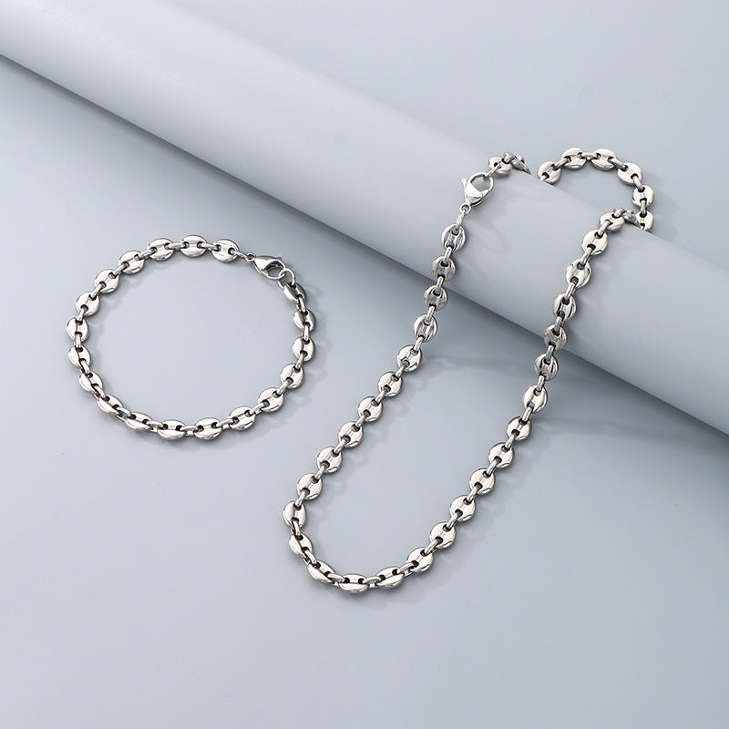 Simple high-end stainless steel pig nose coffee bean bracelet necklace chain vacuum 18k gold pig nose chain set