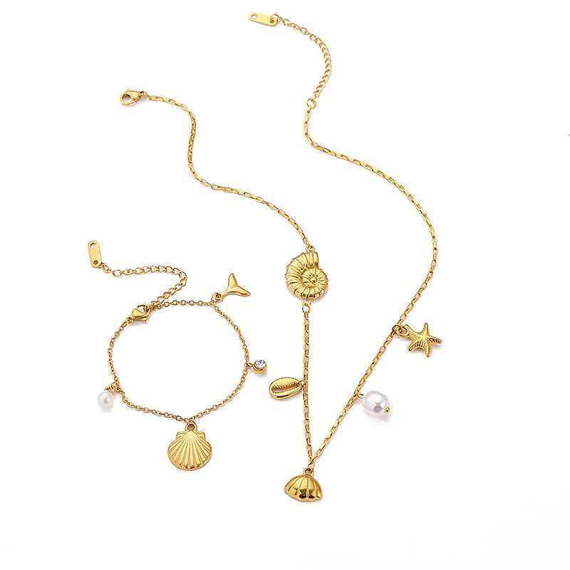 Stainless Steel Seashell Charm Necklace & Bracelet Set
