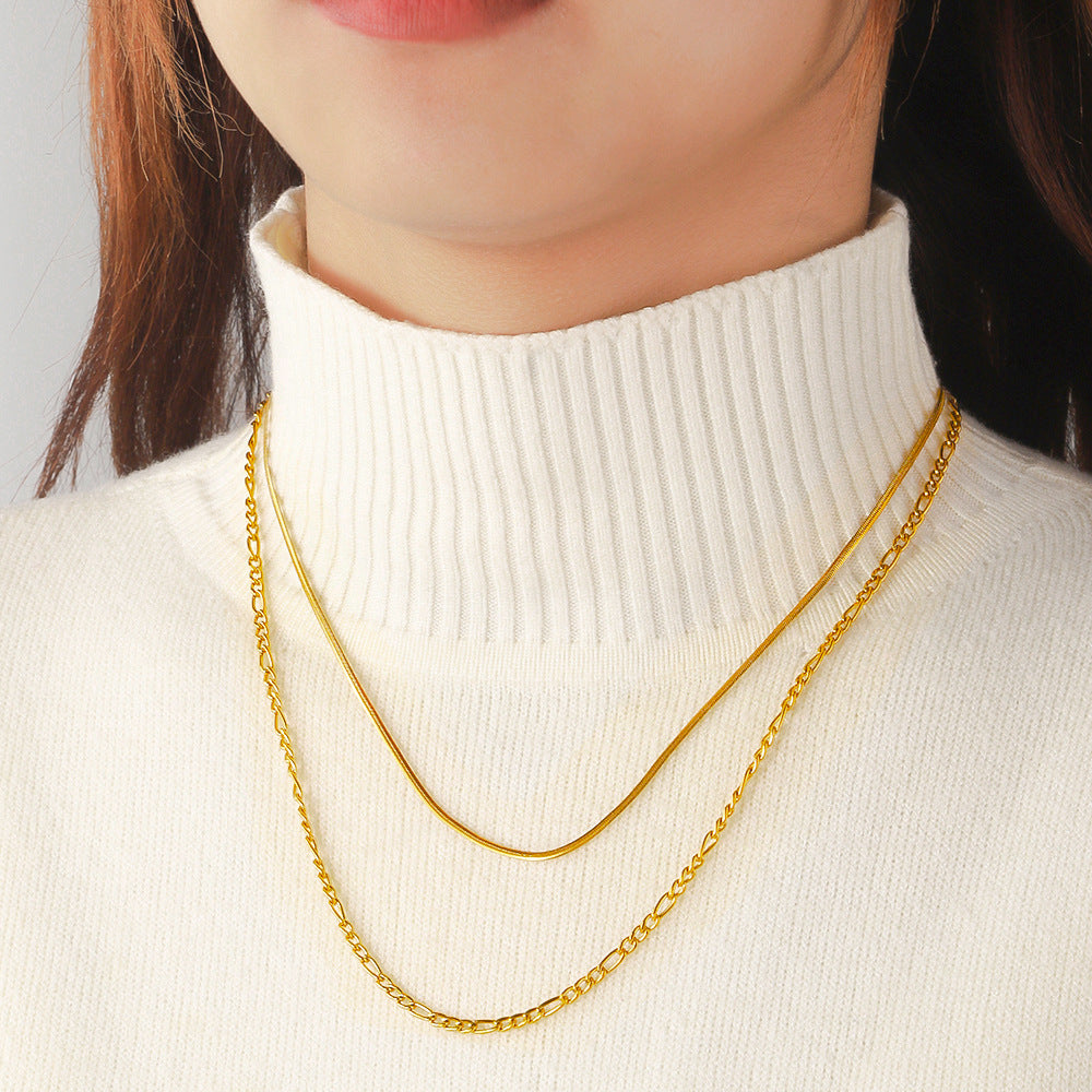 European and American cross-border stainless steel double-layer necklace plated with 18K real gold push-tight chain Figaro chain Titanium steel necklace collarbone chain