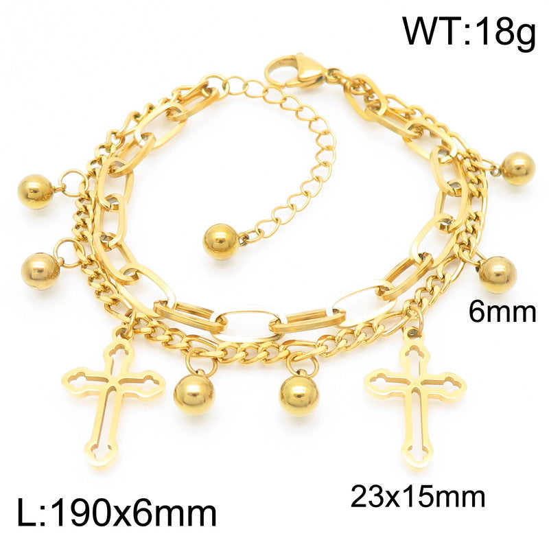 Simple and versatile ins wind double-layer stacked chain cross pendant stainless steel bracelet titanium steel jewelry