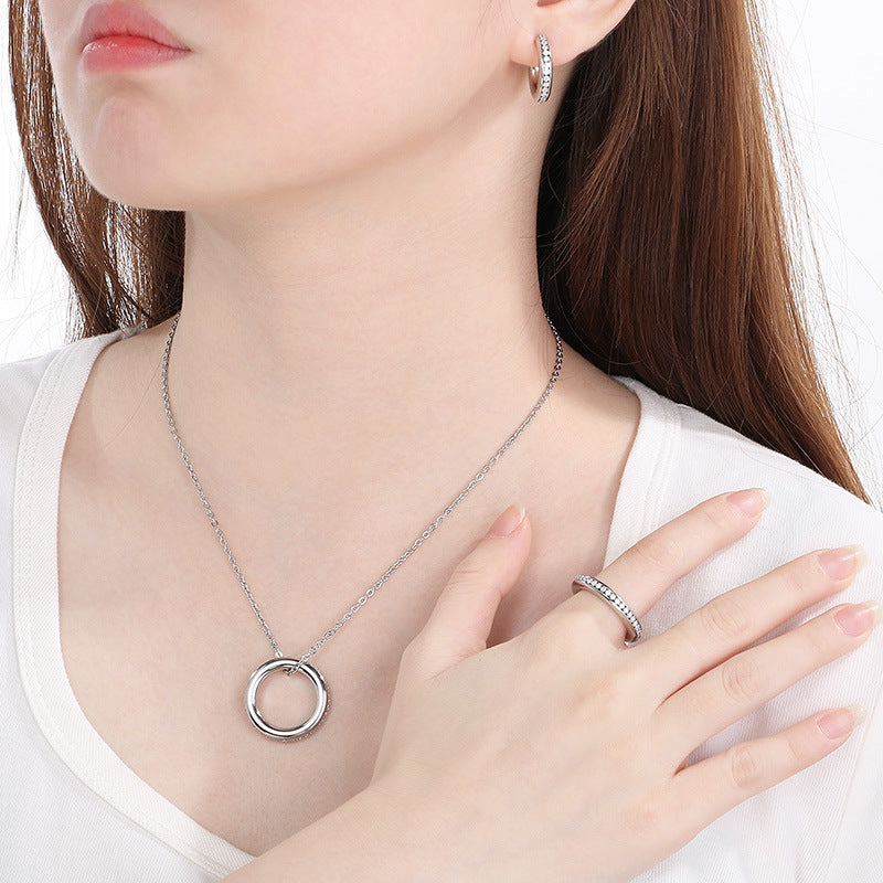 Cross-border fashion personality with diamond-set c-shaped pendant set ins temperament stacking chain titanium steel necklace earrings ring