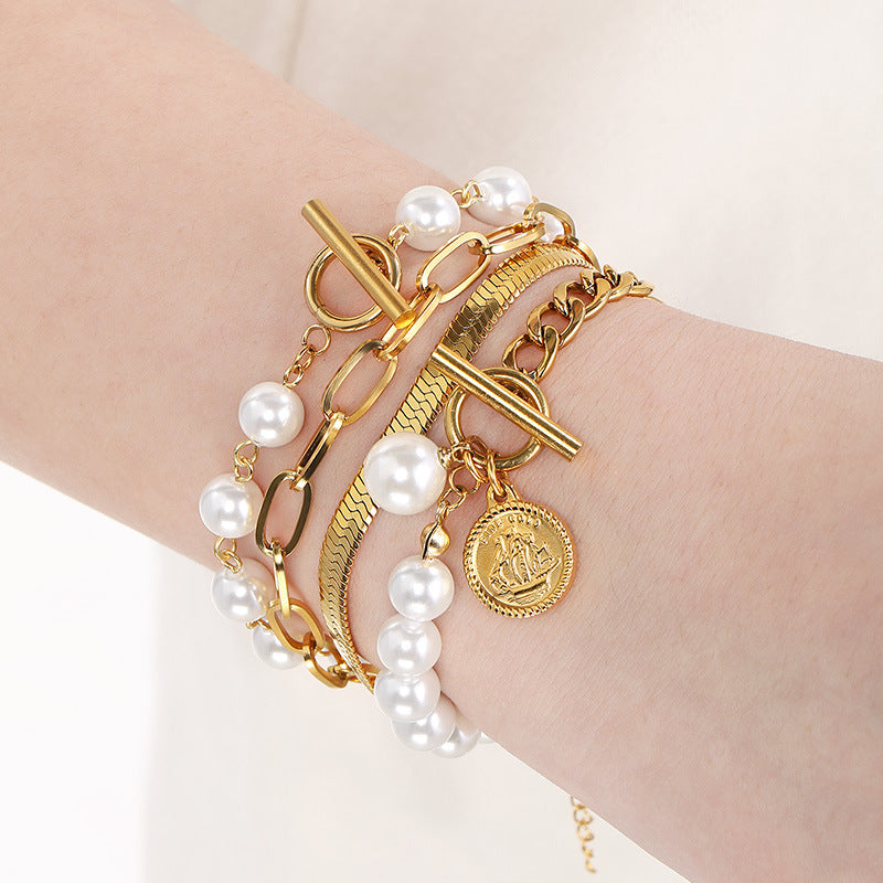 ins Pearl Beaded Flat Snake Chain Bracelet Stainless Steel Multi-layer Stacked Pearl Splicing Chain Premium Titanium Steel Jewelry