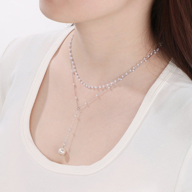 Layered Pearl Drop Chain Necklace