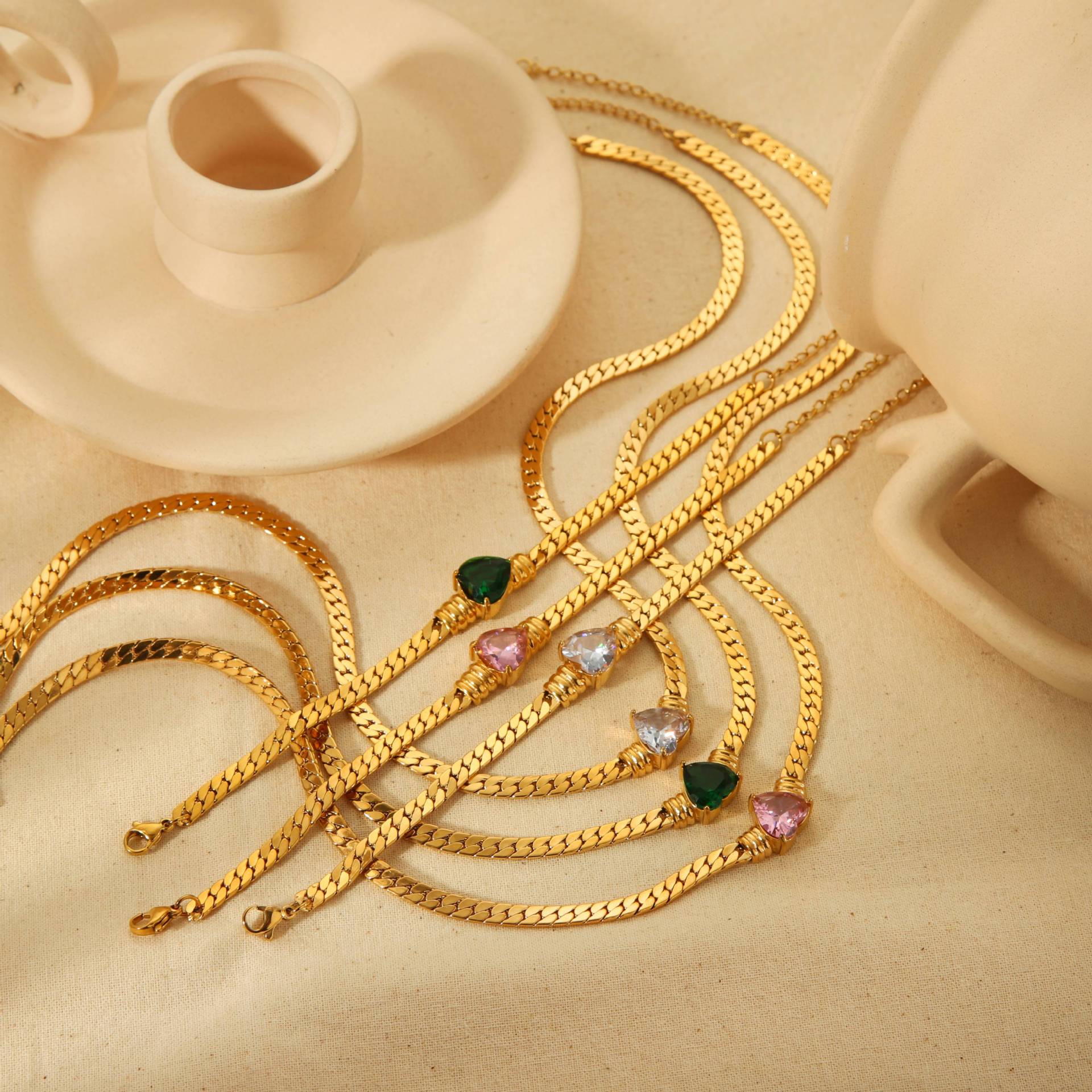 European and American ins love color zircon necklace 18K gold stainless steel simple light luxury bracelet high-end sense jewelry set