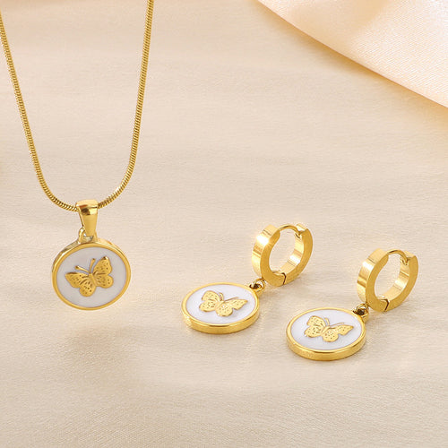 Black Enamel Round Pendant & Hoop Earring Set