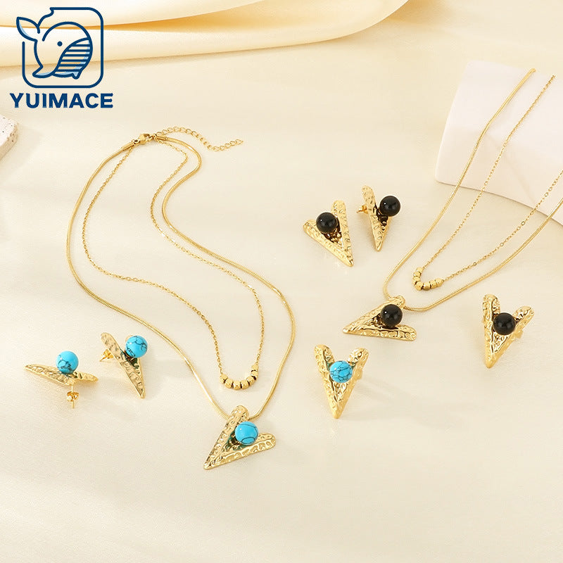 Amazon cross-border stainless steel set women's jewelry inlaid with pearl turquoise love pendant four-piece jewelry