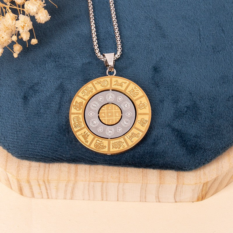 Classic creative titanium steel round plate rotatable twelve zodiac signs Jiugong Bagua Manjushri pendant stainless steel pendant necklace