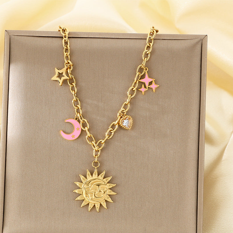 Cross-border European and American stainless steel necklace face sun star moon pendant thick chain retro 18K gold necklace women