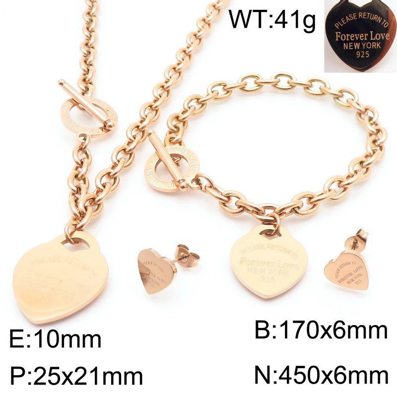 Gold Heart Charm Jewelry Set with Green Enamel Pendant